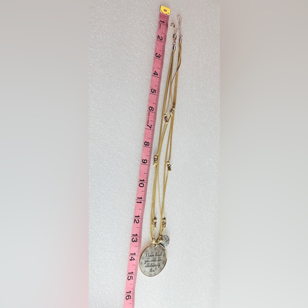 C1946 Silver-Toned Inspirational Pendant Necklace On Tan Cording Jeremiah 31:3 - Picture 3 of 6
